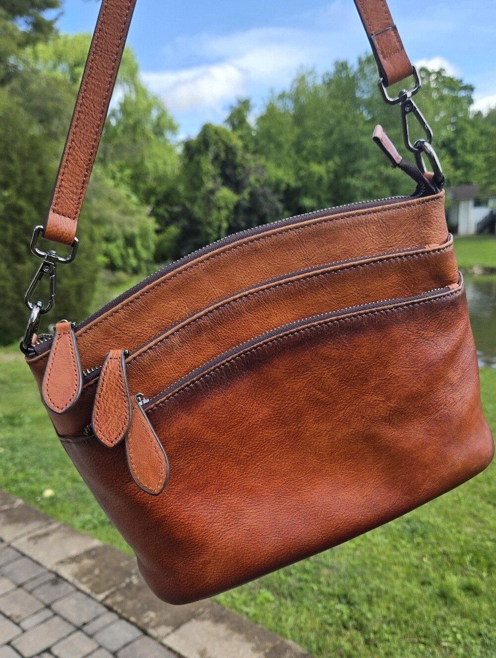 HESHE Triple Zip Crossbody Bag Vintage Leather Medium Size Purse